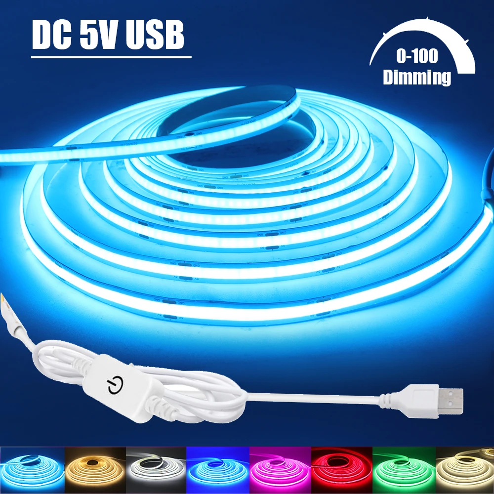 Dotykowa regulacja ściemniania USB pasek COB LED diod 5V 320 diod LED/M zielony/czerwony/różowy/lodowy blękit/biały/żółty wystrój domu elastyczna