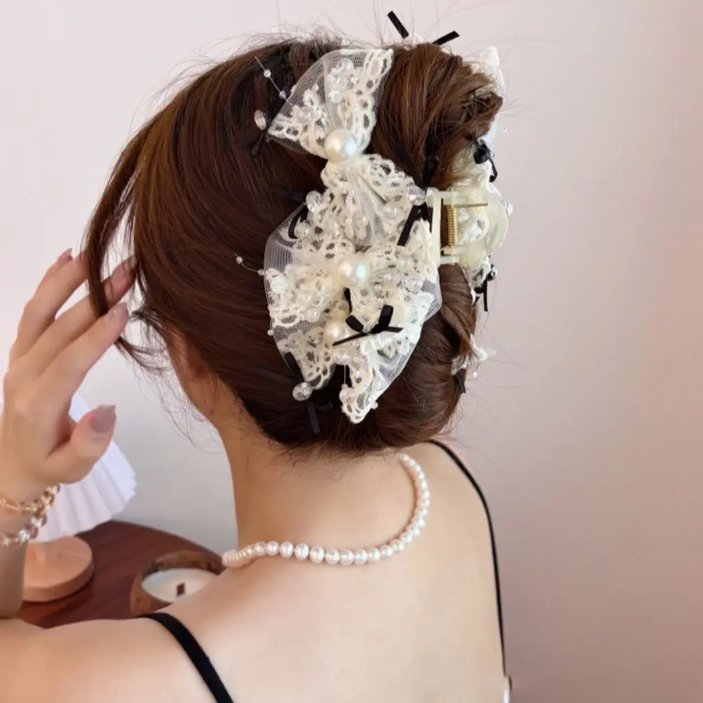 

Fashion Lace Bow Hair Clip Large Size Styling Tools Pearl Hair Claw Elegant Lace Claw Clip Women Girl