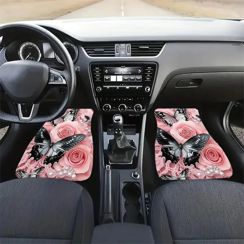 4pcs Elegant Pink Black Rose Butterfly Car Floor Mats Set Soft Pastel Pink Golden Interior Decor Ideal Car Accessories Gift view 4
