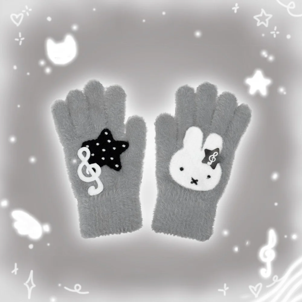 Guantes de felpa con nota musical de conejo Miffy de dibujos animados, estilo coreano, invierno, grueso, cálido, a prueba de viento, bonito, de aspecto alto, moda exquisita