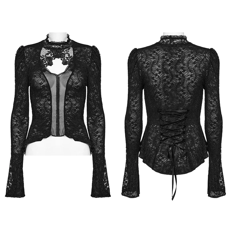 PUNK RAVE Women\'s Gothic Elastic Lace Mesh Delicate Standing Collar Rose Shirt Sexy Casual Black Tees Tops Women Clothing