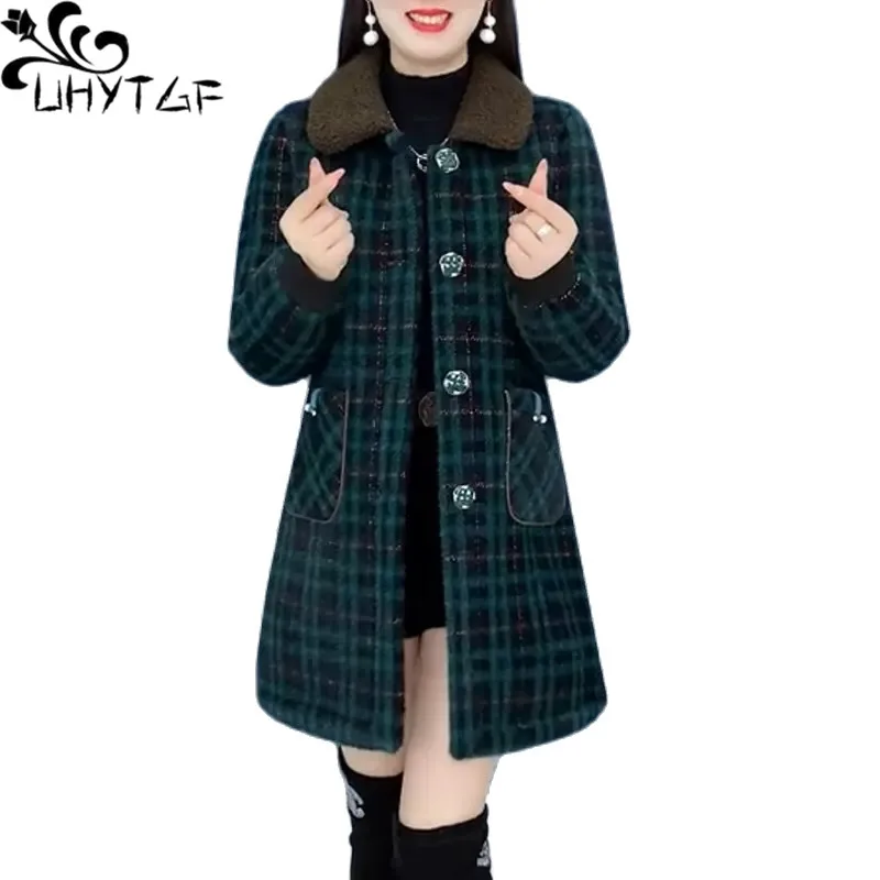 

UHYTGF Mink Velvet Woolen Coat Woman Fashion Plaid Autumn Winter Jacket Female Medium Length Casual Warm Ladies Outewear 6XL2336