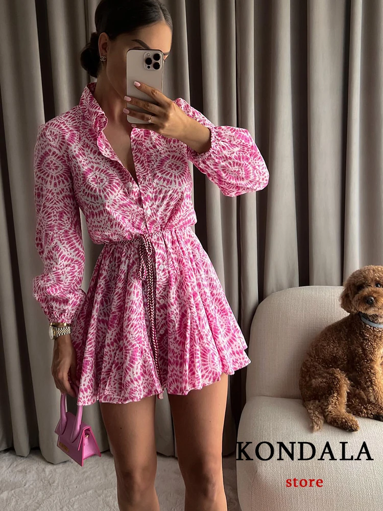 

KONDALA Vintage Pink Geometric Print Sashes Mini Dress Women Long Sleeve Ruffles Shirt Dress Fashion 2022 Elegant Mujer Vestidos