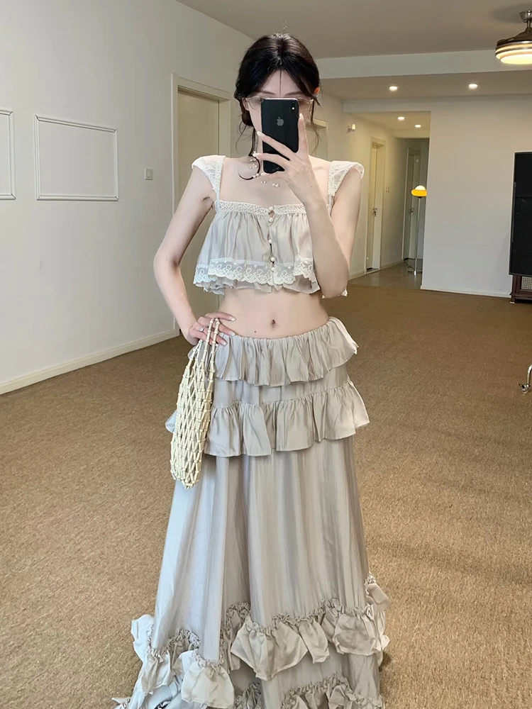 ReddaChic Women Camisole Cake Skirt Set Fairycore Lace Trim Buttoned Cropped Top Maxi Long Tiered Ruffle Skirt Vacation Clothes