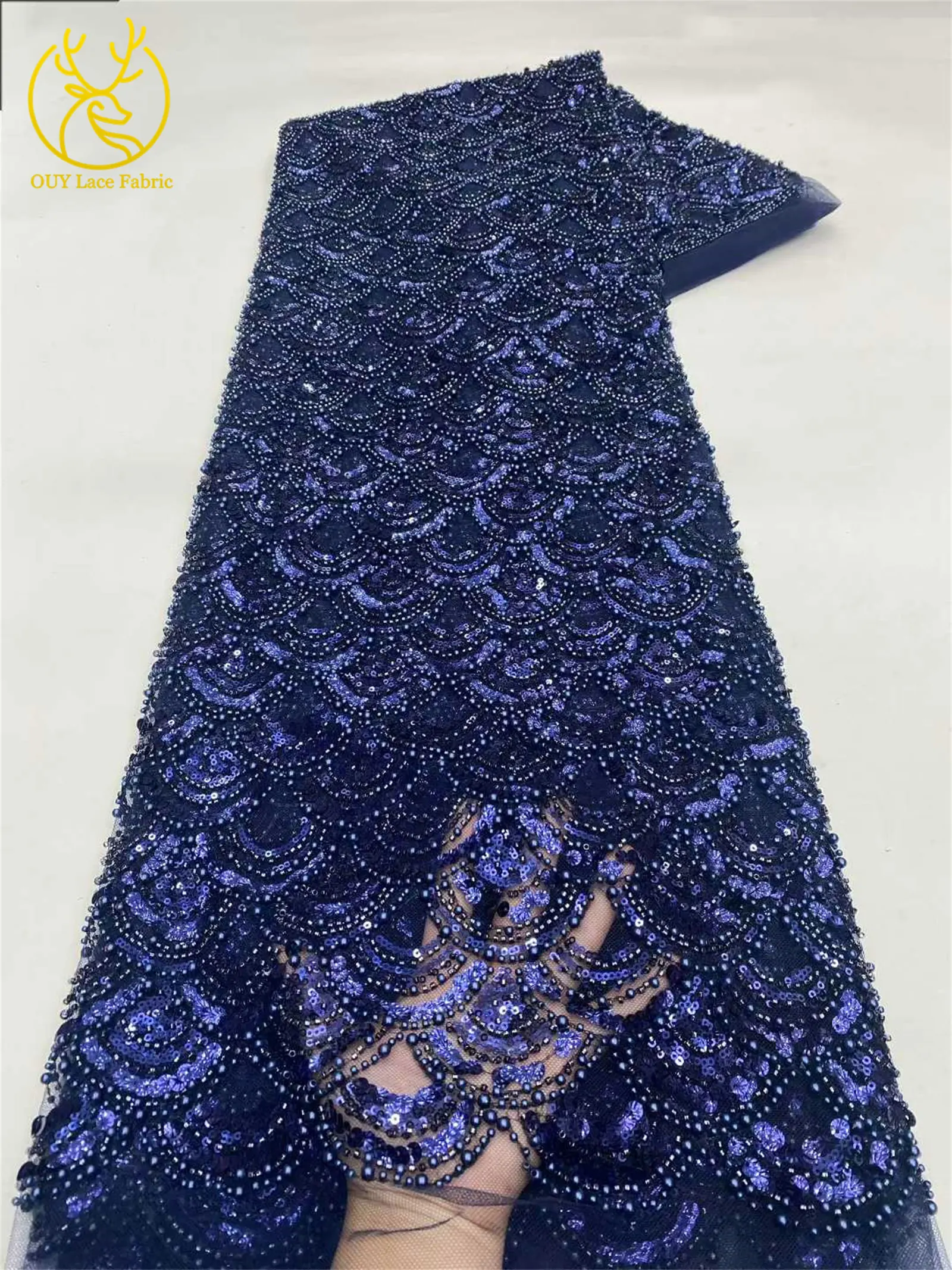 Tiefblauer afrikanischer schwerer Perlen-Spitzenstoff 2026 Hochwertiger nigerianischer Pailletten-Spitzenstoff für Hochzeit, Party, Kleid, 5 Yards – Detail 14