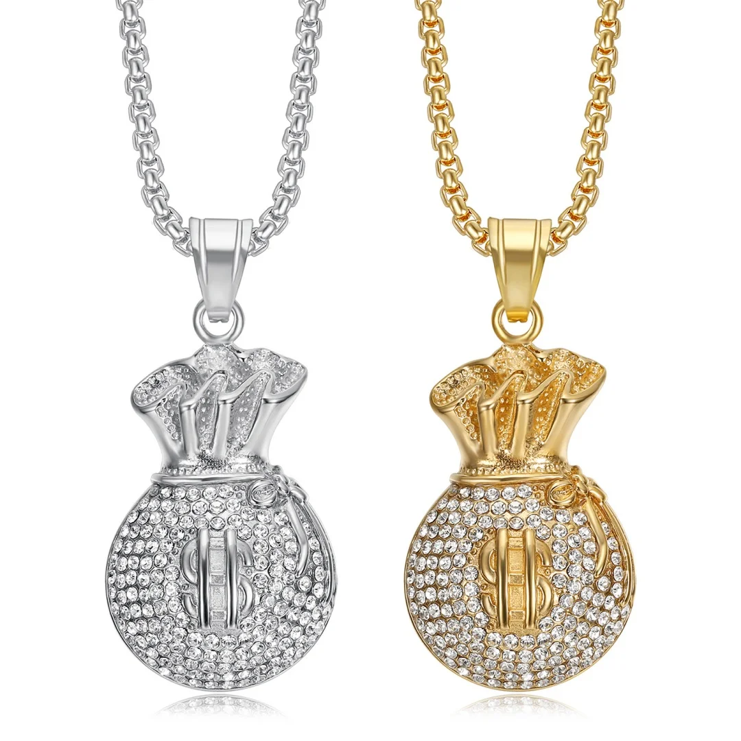 

Hip Hop Iced Out Bling CZ Moneybag Pendant Stainless Steel Dollar Signs Wealth Necklace for Women Men Hiphop Rapper Jewelry Gift
