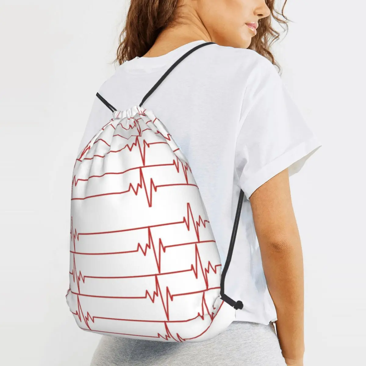 Red Heart Beat Backpacks Fashion Drawstring Bundle Pocket Sundries Bag Book Bags for Man Woman School