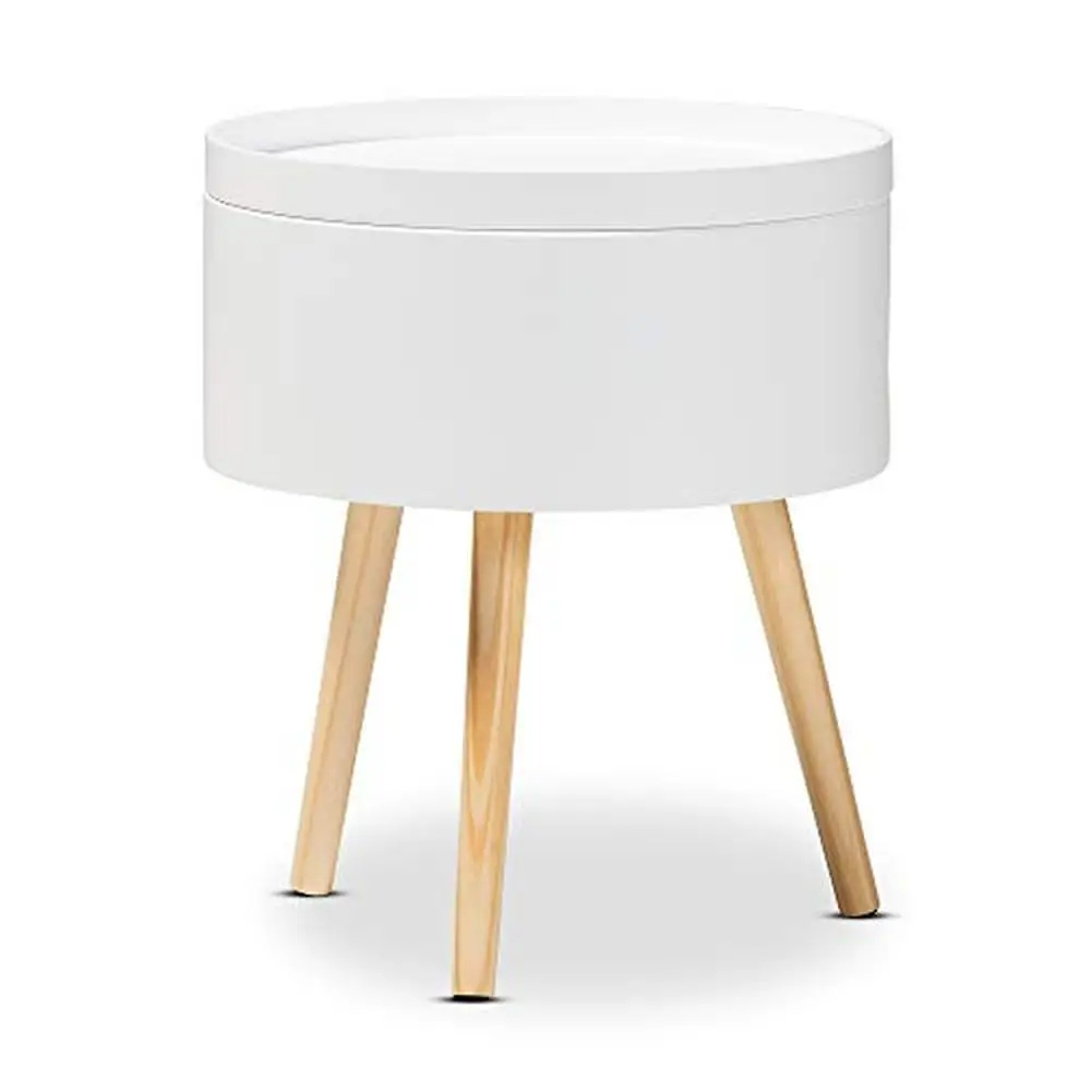 

Modern White Round Nightstand with Tray Top and Storage Compartment Mid-Century Design 15"x15"x17.75