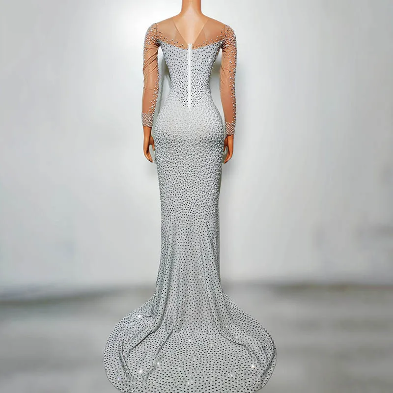 Prom Party Shiny Diamond Pearl High Slits Dress Women's Party Birthday Dinner Hosting Evening Dress
