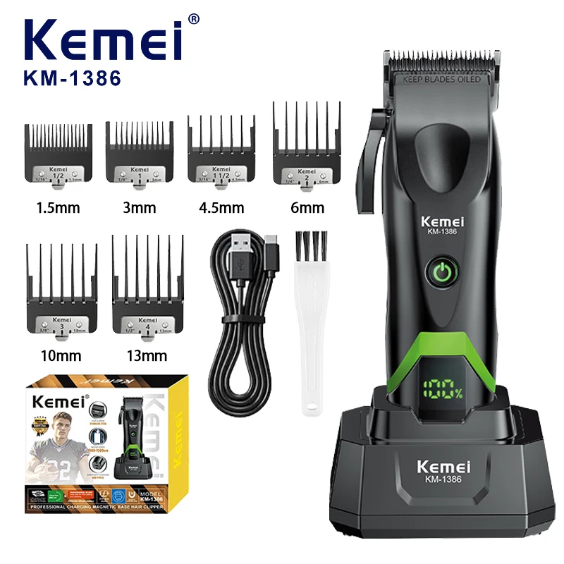 KEMEI KM-1386 Hair Clipper 8000RPM DLC Blade with Base Charger LED Display 2000mAh Professional Hair Cutting Machine Trimmer