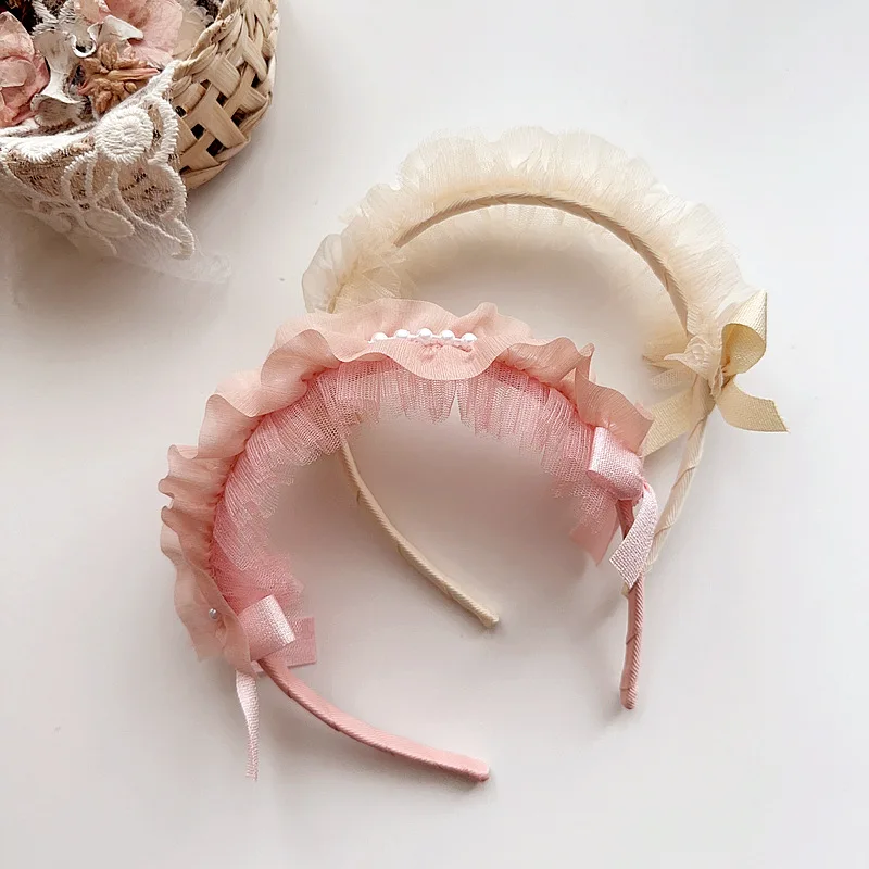 Wholesale 12pcs/2C Tutu Pearl Hairbands Tulle Floral Bow Hard Headbands Fashion Headwear Boutique Hair Accessories for Girls