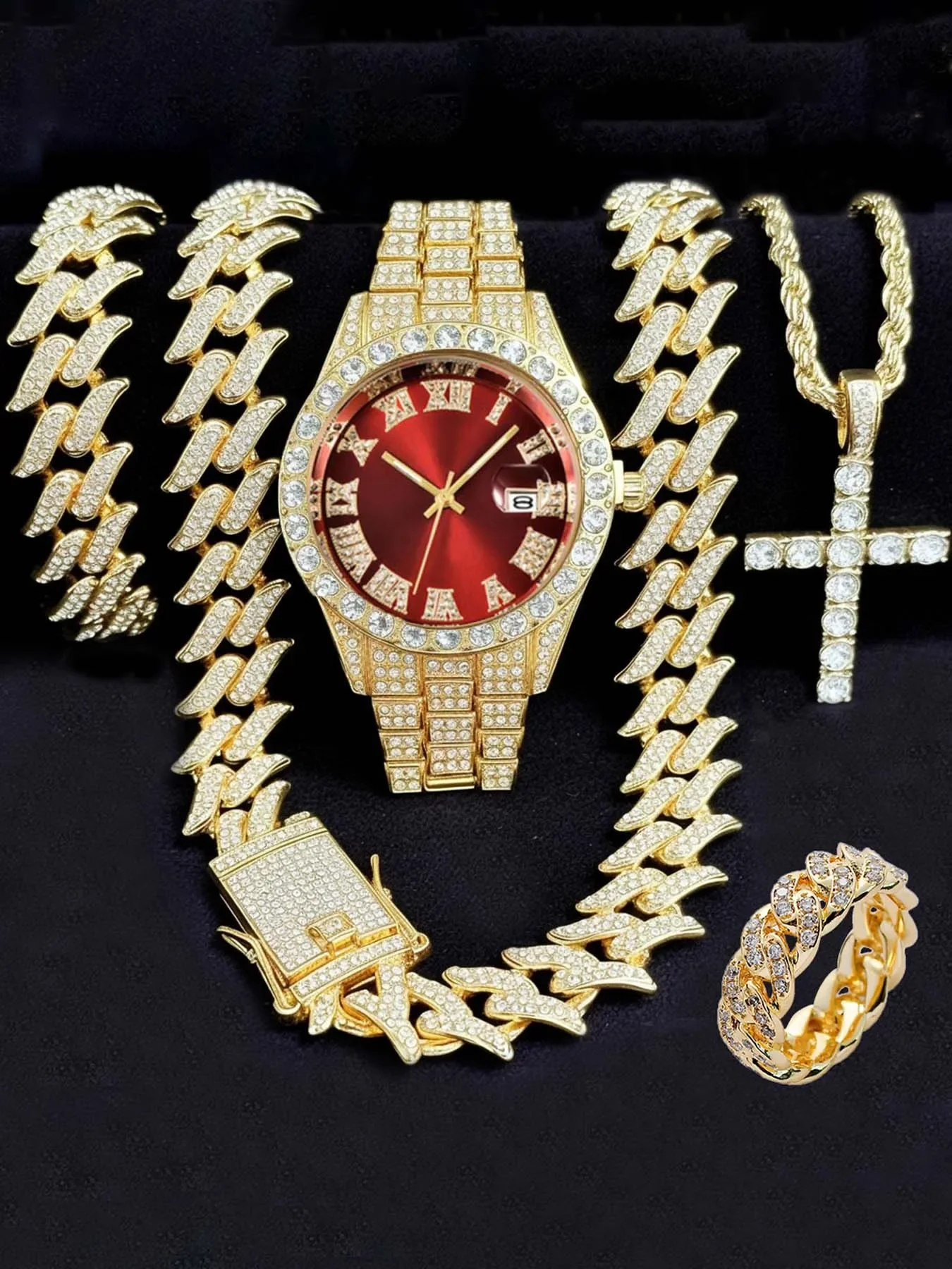 5-in-1 Hip Hop Jewelry Set for Men, Gold Iced Out Watch + Spiked Cuban Link Chain + Bracelets + Cross Necklace + Ring, Gold Tone