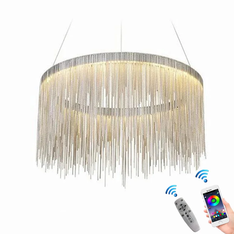 Modern LED Tassel Pendant Lights, Alumínio Cadeia Lustres, Lâmpadas Penduradas, Home Living Room, Cozinha Suspensão Lustre com controle remoto