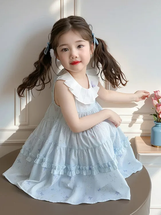 robe-sans-manches-a-imprime-floral-pour-filles-bleue-jupe-a-nœuds-robe-de-princesse-fibre-de-polyester-ete-pour-enfants