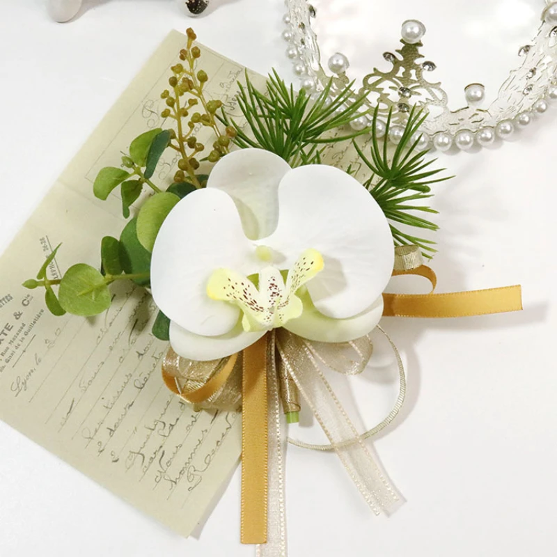 Cô Dâu Phù Dâu Tay Bướm Hoa Phong Lan Thổ Cẩm Hoa Cho Nam Cổ Tay Corsages Vòng Tay Vòng Tay Trắng Cưới Phụ Kiện