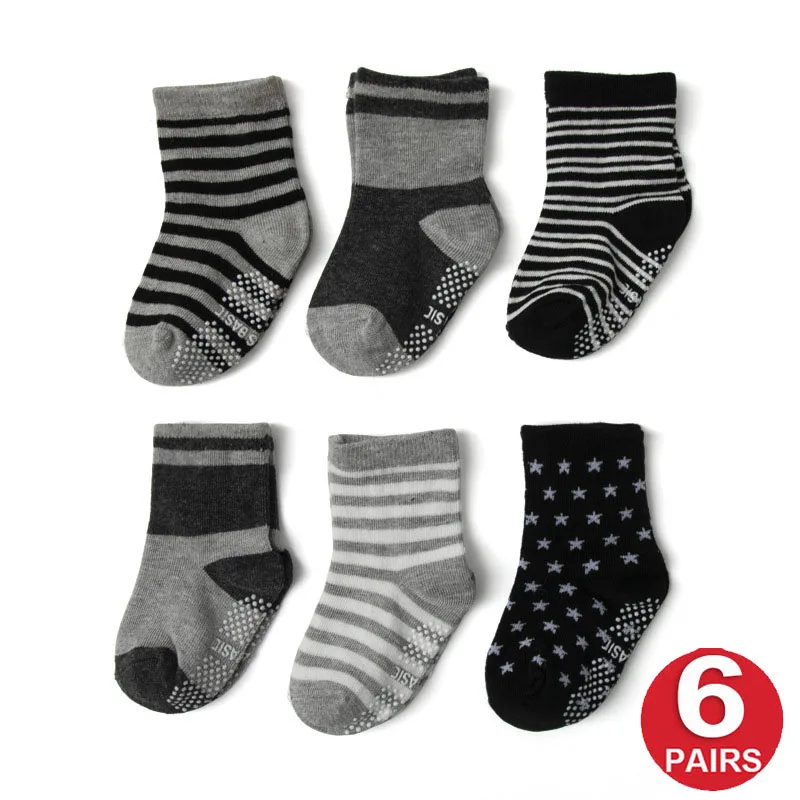 6 PAIRS Baby Boys Toddlers Non Slip Pure Cotton Short Socks Set Kids Children Anti Skid Grip Floor Walking Socks Spring Autumn