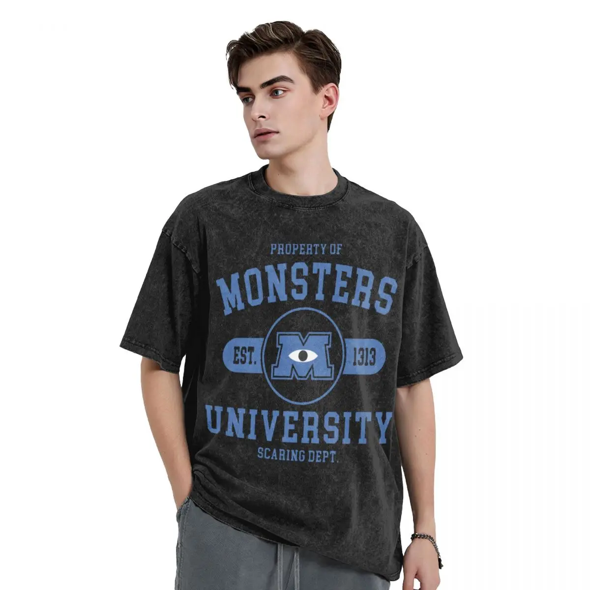 Unisex Monsters University T-Shirt, Tees gráficos, Hip Hop, lavado, de grandes dimensões, Streetwear Tops, estudantes, homens, mulheres