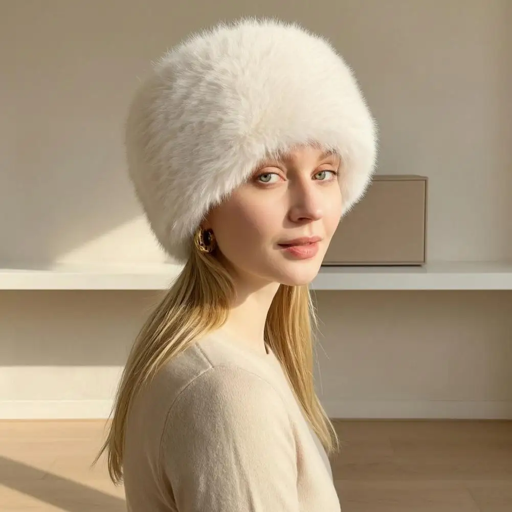 Travel Winter Hat Women’s Fuzzy Brimless Hat Warm Faux Fur Ushanka Plush Solid Color Winter Bucket Hat for Weather for Women