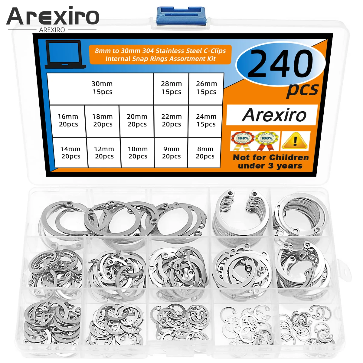 

Набор из 240 метрических C-образных зажимов из нержавеющей стали 304 (8-30 мм) с внутренней застежкой