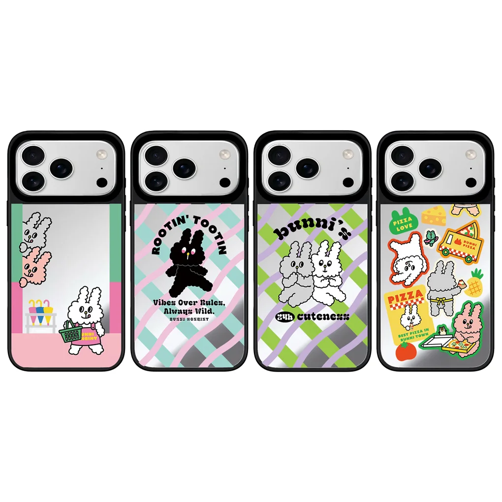 

Cute Bunnies Mirror Surface Black Border Magnetic Phone Case for IPhone 17 16 15 14 13 12 Pro Max Cover