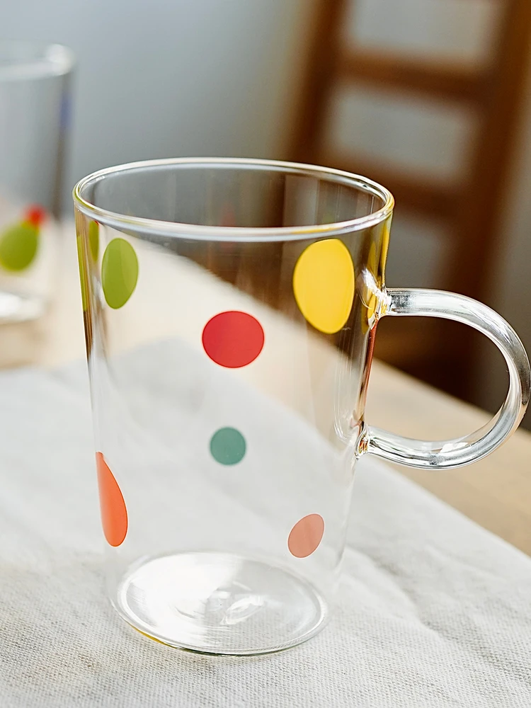 

Heat Resistant High Borosilie Glass Coffee Cup Morning Hello Store Happy Polka Dot Breakfast Cup Printed Glass Cup