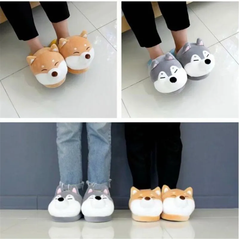 Cute Shiba Inu Cute Husky Cartoon Cotton Slippers Female Autumn And Winter Household Warm Indoor Non-Slip Shoes Couple Slides