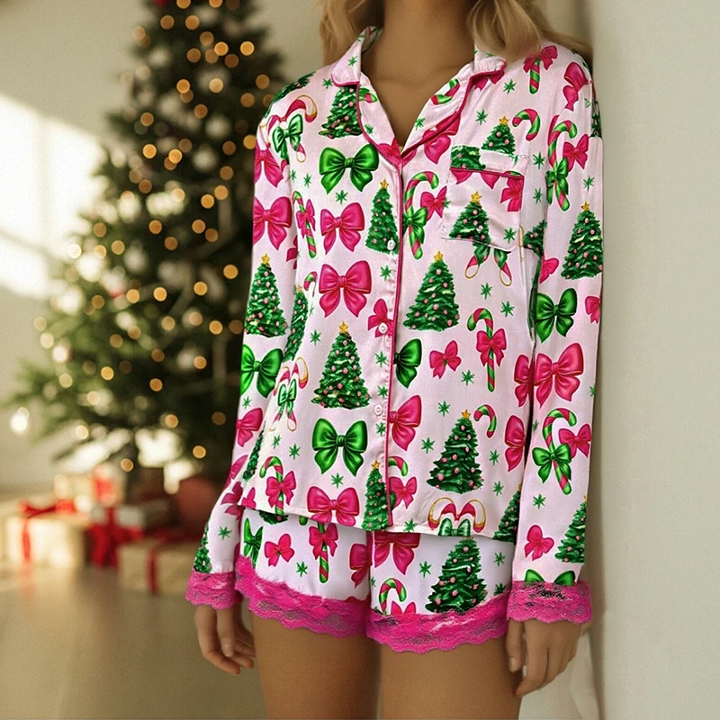 

Женский рождественский пижамный комплект с кружевной отделкой, блузка с длинными рукавами, рубашка, топ + шорты, принт с бантом в виде дерева, комплект из двух предметов для отдыха, ночное белье