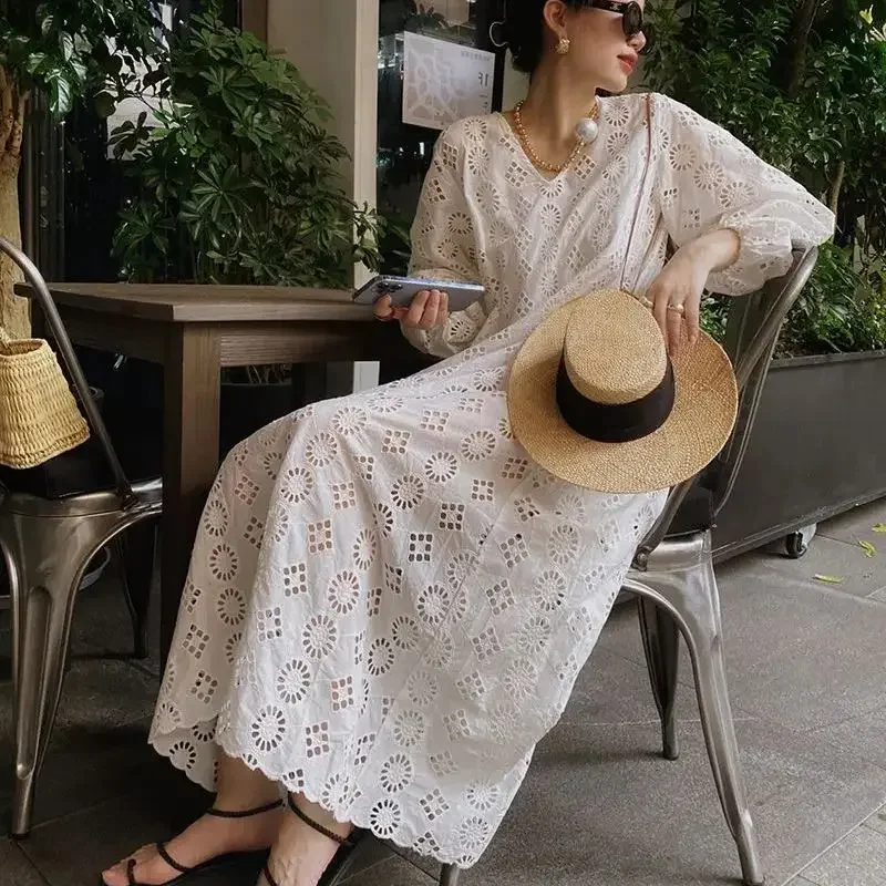 

New Elegant Lace Embroidery Dress Women Fashion Hollow Out Summer V-neck Puff Sleeve Casual Loose Dresses Holidays Vestidos