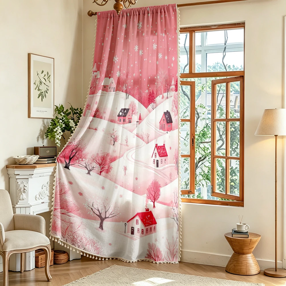 1PC Christmas Tassel Sheer Curtains, Pink Snow Village House, Digital Print, Linen Polyester, Bedroom Living Room, Home Decor
