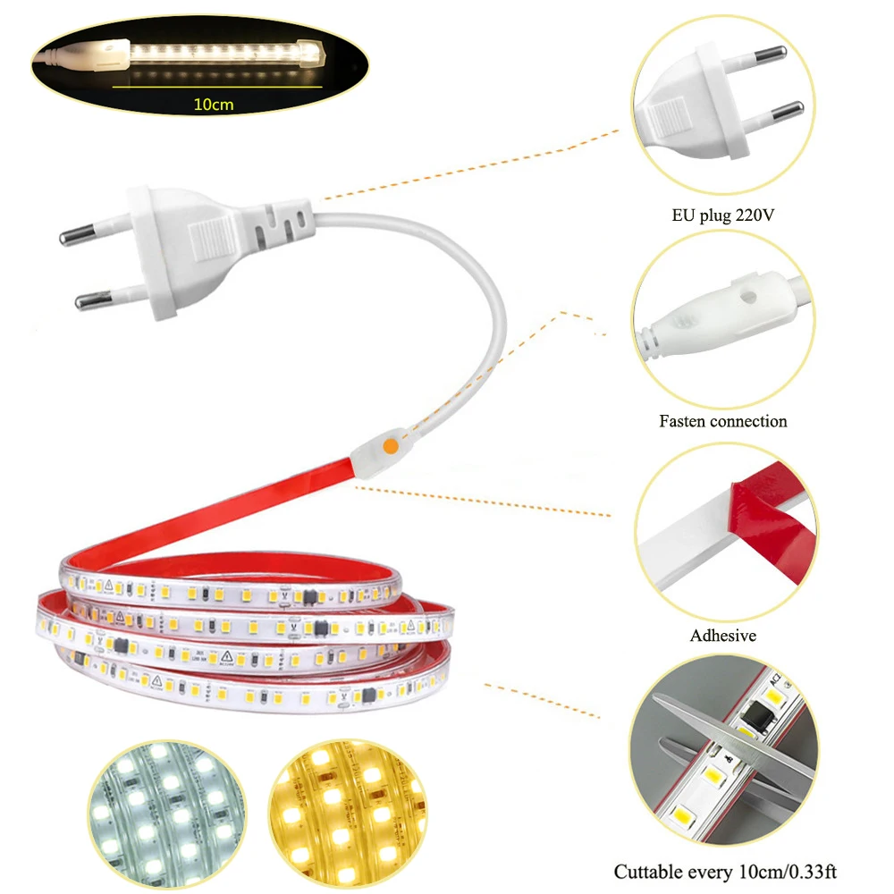 220V pasek LED SMD 2835 elastyczny IP65 wodoodporny lampa wstążkowa 10cm cięty wtyczka zasilania ue linowy 120Led/M do pokoju szafka w sypialni