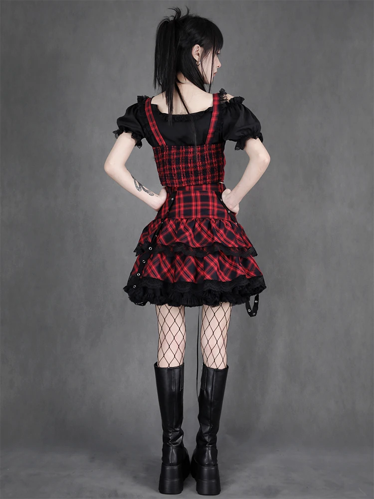 New Japanese Harajuku Style Girls Red Plaid High Waist Skirts Sweet Lolita Mini Cake Skirts Kawaii Cosplay Hot Girl Suit