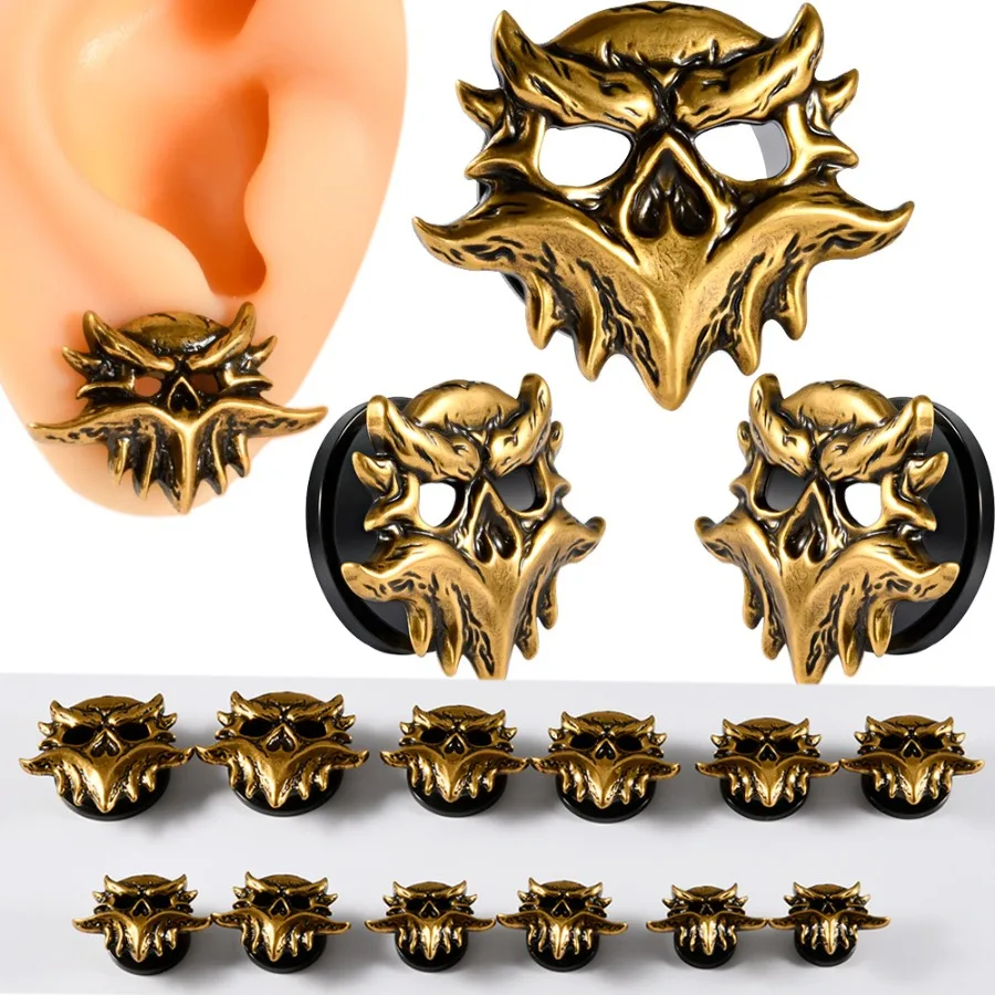 1pair Stainless Steel Black Pulley Earpiece Retro Golden Beastman Mask Threaded Ear Expansion Piercing Ear Extender