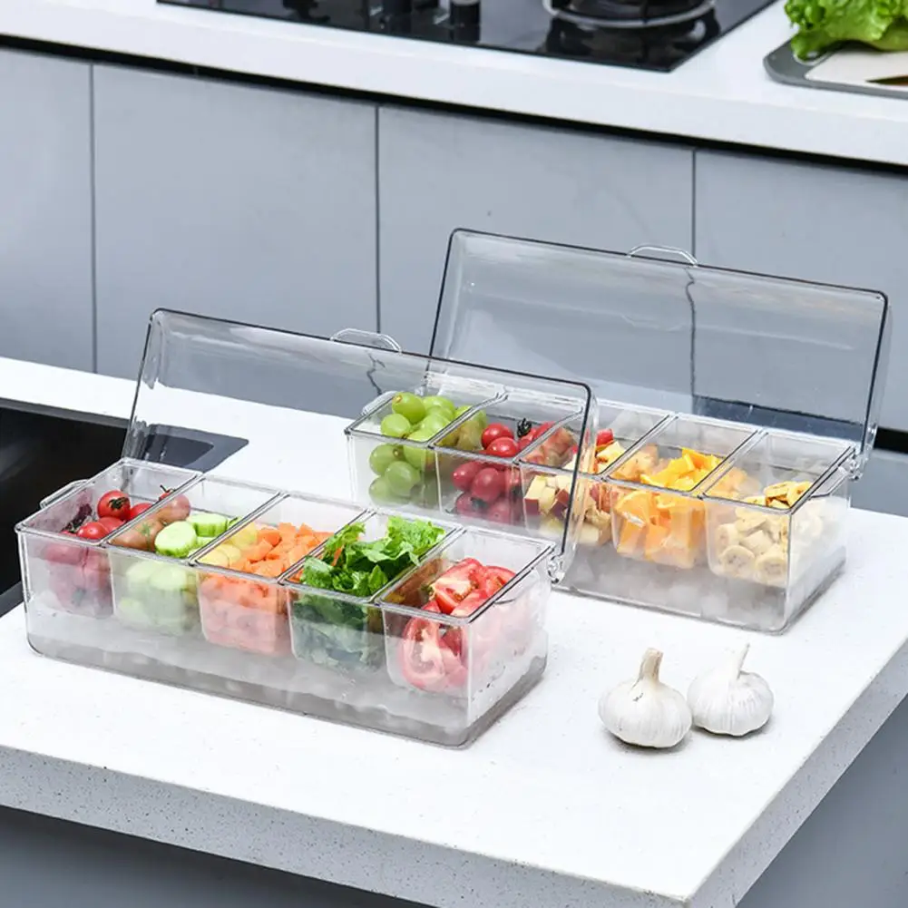 Condiment Organizer Fridge Fruit Box with Ice Storage Space Transparent Lid 5 Compartment Salad Container for Vegetable