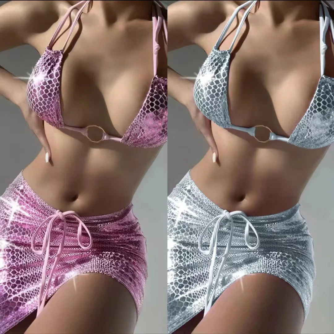 

Snakeskin Drawstring Straps Three-piece Short Skirt Bikini Swimsuit