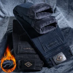 Men's Thicken Fleece Straight Jeans Winter Business Casual Stretch Denim Pants Warm Plush Brand Trousers Pans Male Classic