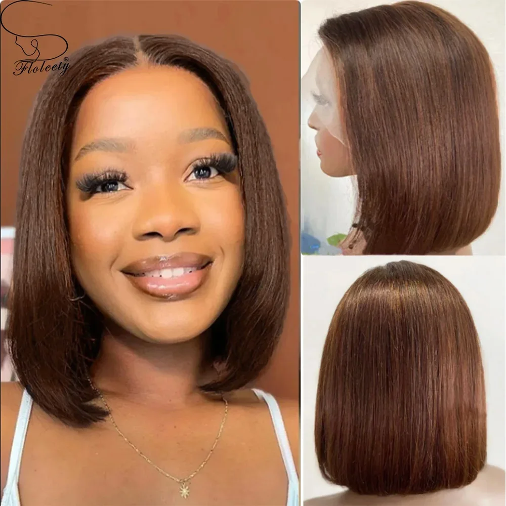 Brown Straight bob Wigs Human Hair 13x4 Lace Front Wig Brazilian #4 Bob Glueless wig 4x4 Closure HD Lace Human Hair Wig For Wome