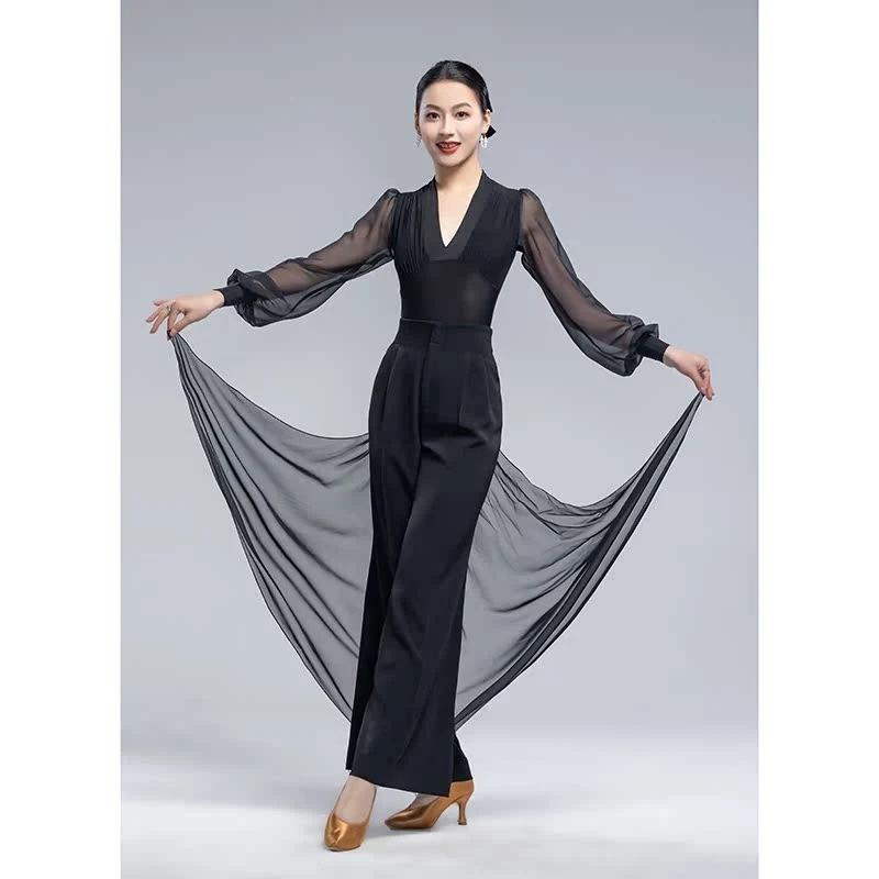 2025 Costumes de danse latine pantalons d'entraînement bleu taille haute maille Patchwork pantalon fluide Chacha Tango Samba vêtements de danse DQL10947