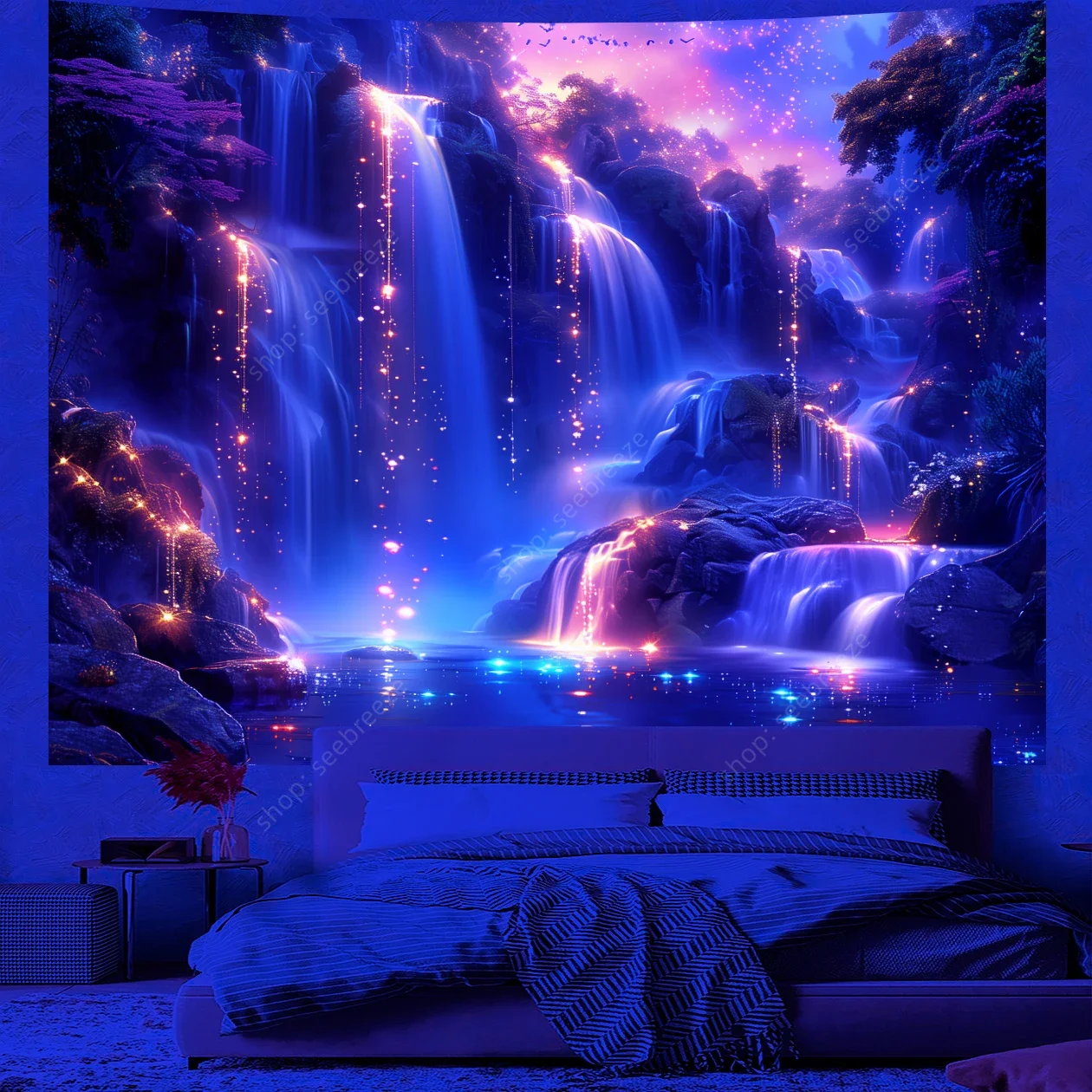 Psychedelic Waterfall Tapestry Galaxy Nature Landscape UV Reactive Tapestry Wall Hanging Dorm Living Room Aesthetic Hippie Decor