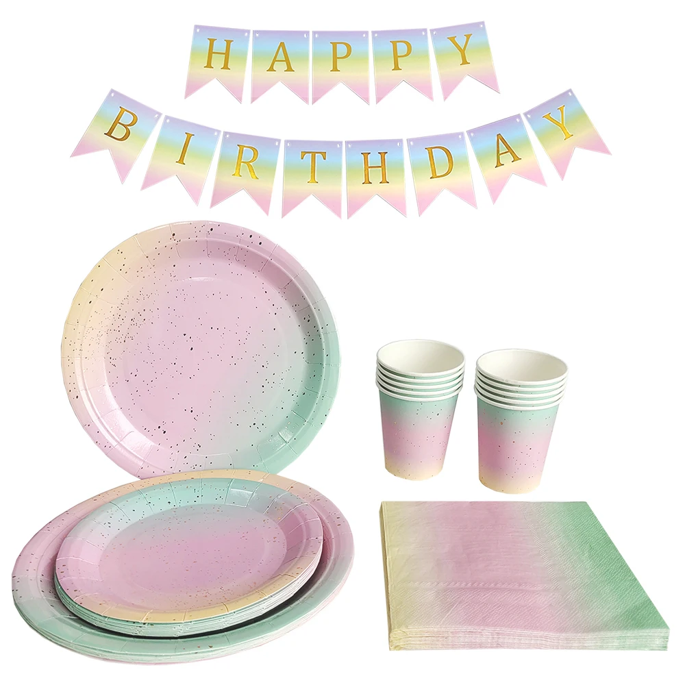 Zestaw jednorazowej zastawy stołowej w kolorze tęczy Papierowy talerz Papierowy kubek Obrus Urodziny Ślub Baby Shower Dekoracja Party Supplies — zdjęcie 3