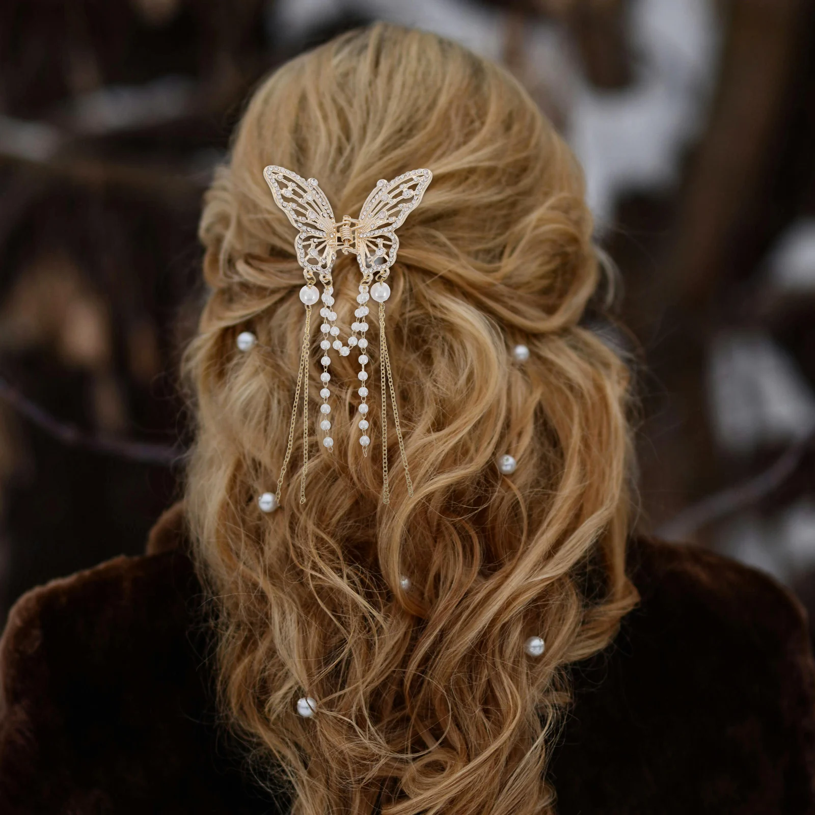 

Butterfly Hair Clip Pearl Large Alloy Gold Claw Women Rhinestone Clips Girls Vintage Tassel Durable Metal Half Updo Hairstyle