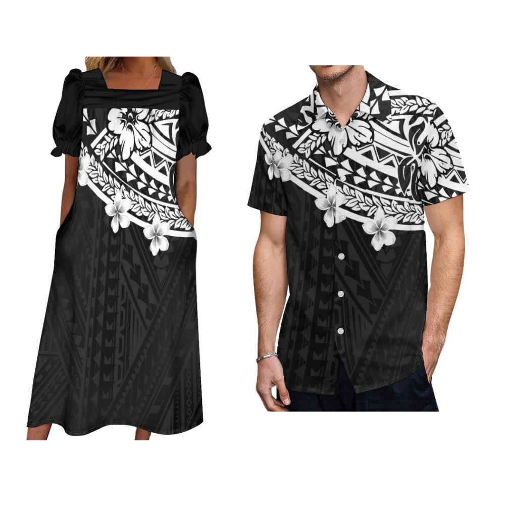 Vestido de pareja polinesiana, vestido de isla micronesia de Samana, diseño Floral Tribal personalizado MUMU con bolsillo, camisa hawaiana