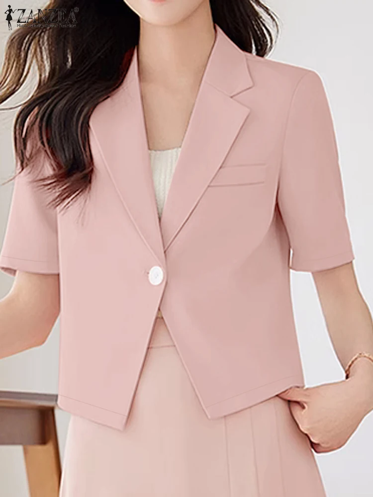 ZANZEA Summer Fashion Short Sleeve OL Work Blazer Elegant Women Lapel Neck Blouse Solid Thin Coats Buttons Down Shirt Mujer