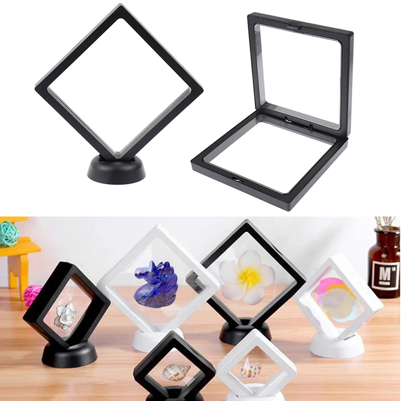 70*70mm Black 3D floating jewelry coin display frame holder box case w/ stand