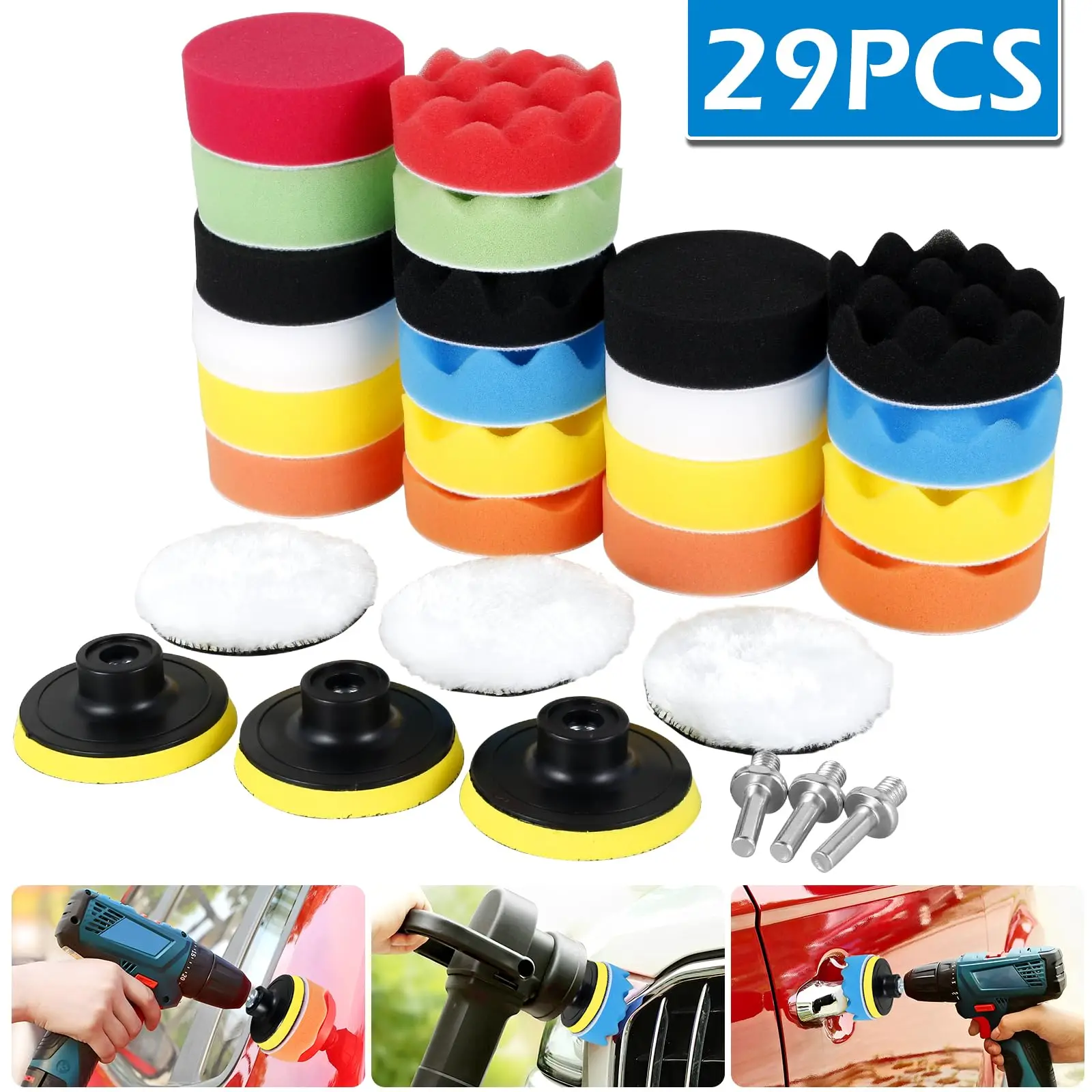 3 Inch Car Polishing Pad Kit 29 Pcs with Washable Buffing Polishing Pads Kit Sponge Polishing Waxing Pads Wool Fiber Polishing