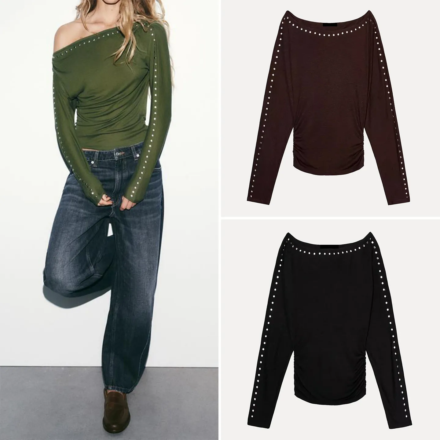 

Весна 2026: Женская футболка с длинным рукавом и заклепками, универсальная, для повседневной носки и поездок на работу, от китайского производителя Z Brand