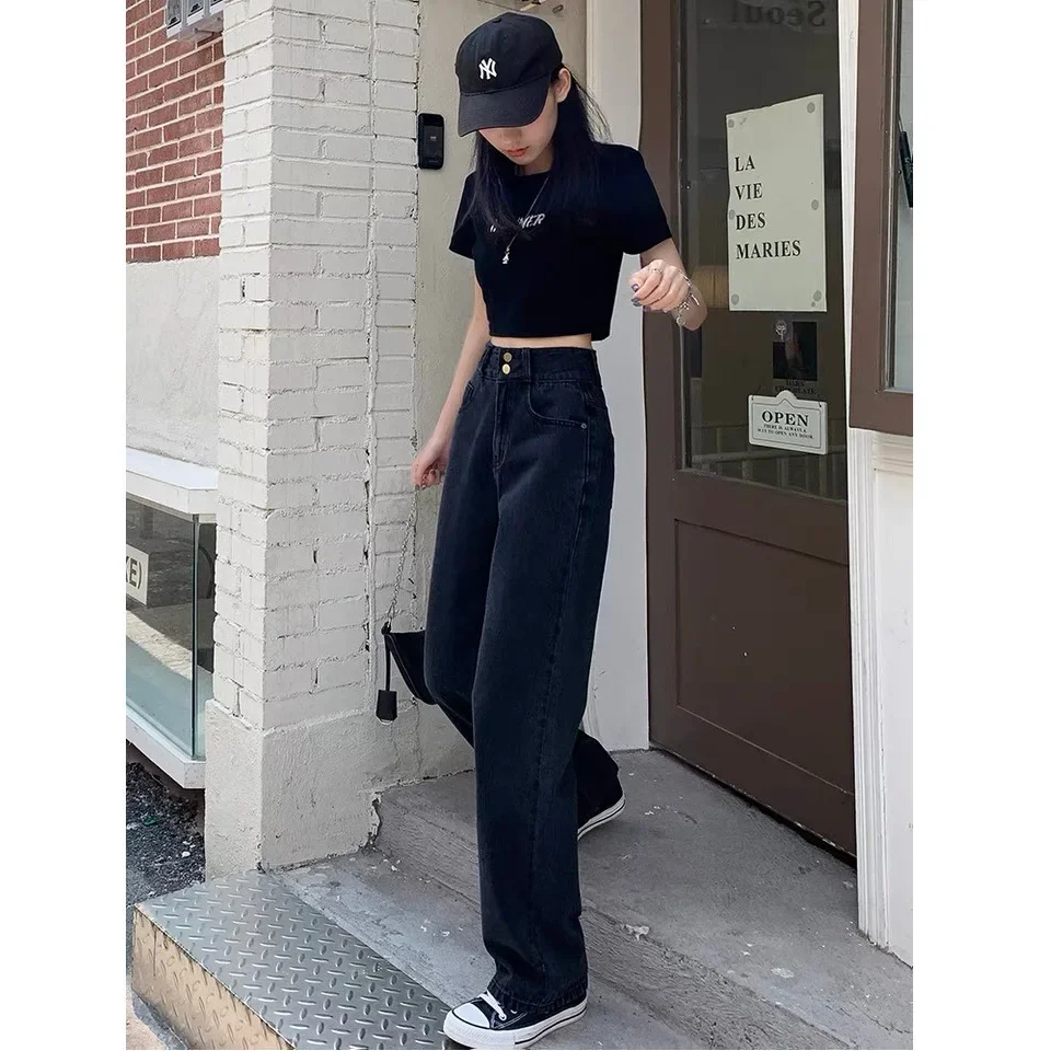 Denim Wide Leg Pants Women High Waist Causal Vintage Denims Pockets Zipper Fly Straight Trousers Female Full Length Jeans