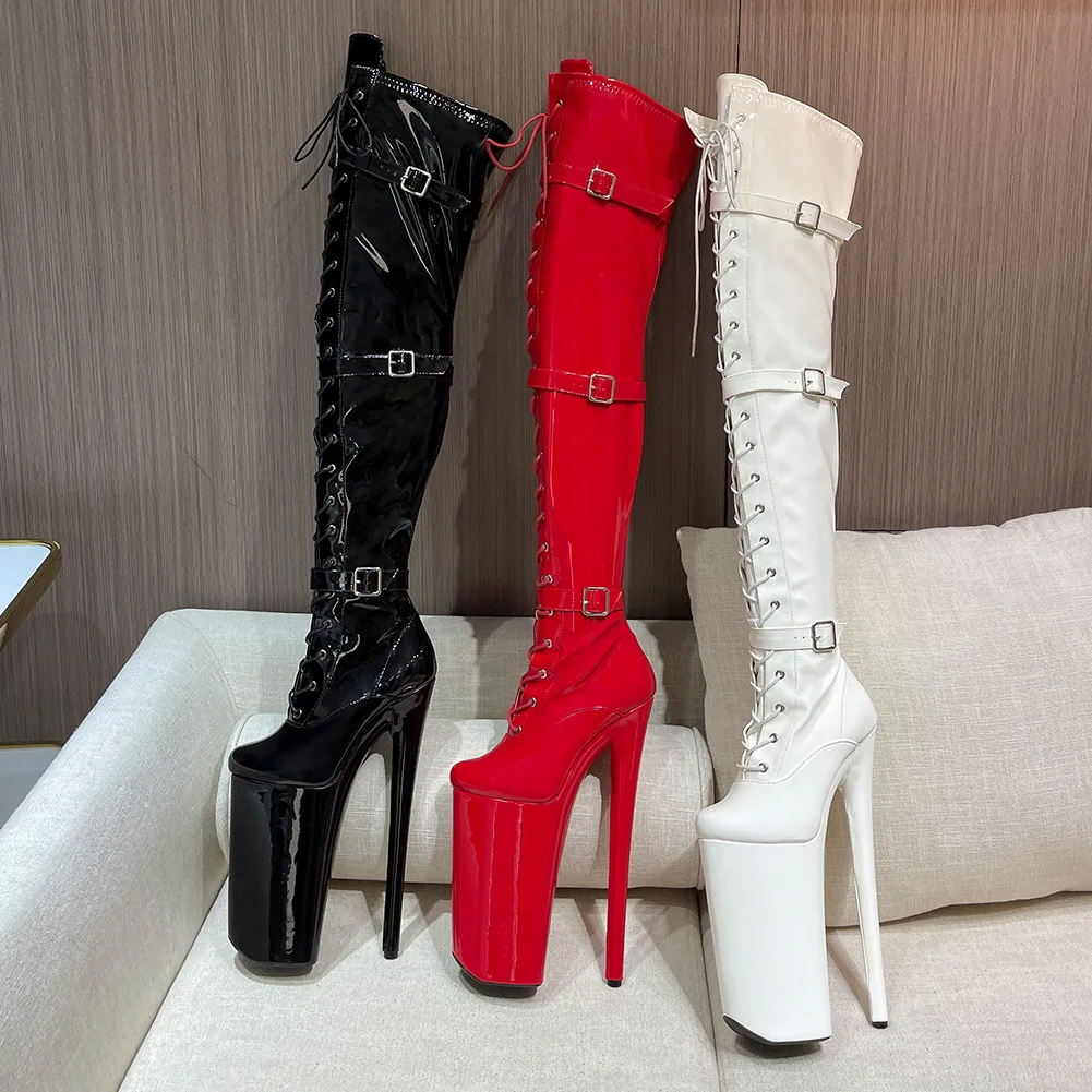 26CM Super High Belt Buckle Knee High Boots Bar Performance Round Toe Thin Heel Platform Boots