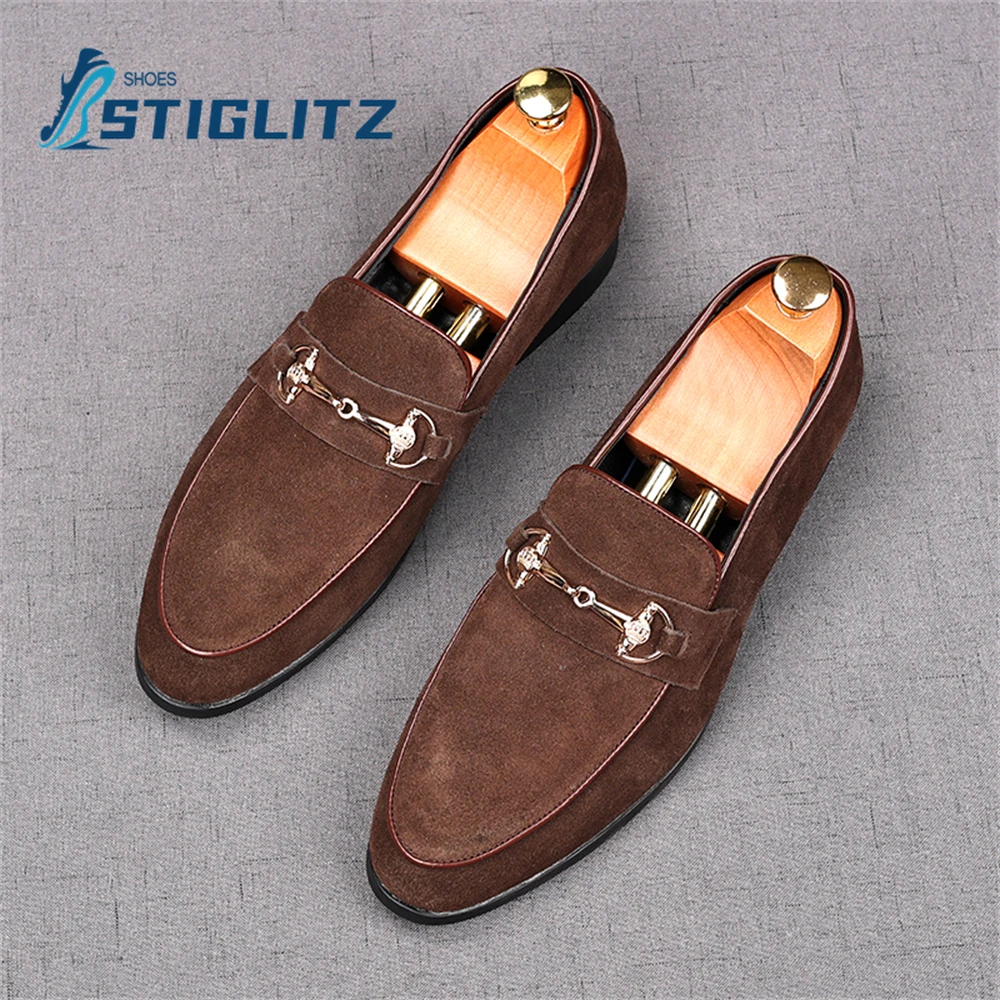 Solid Suede Horsebit Mules Round Toe Shallow Loafers Concise Flat Casual Shoes for Men Slip On Inner Heightening Dress Shoes New