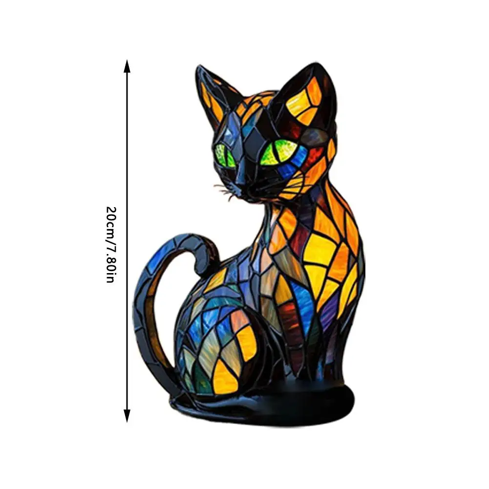 Lámpara de gato bonita, vitral retro led de resina teñida, luz nocturna de mesa, luces de ambiente para dormitorio, regalo para amantes de los perros y gatos