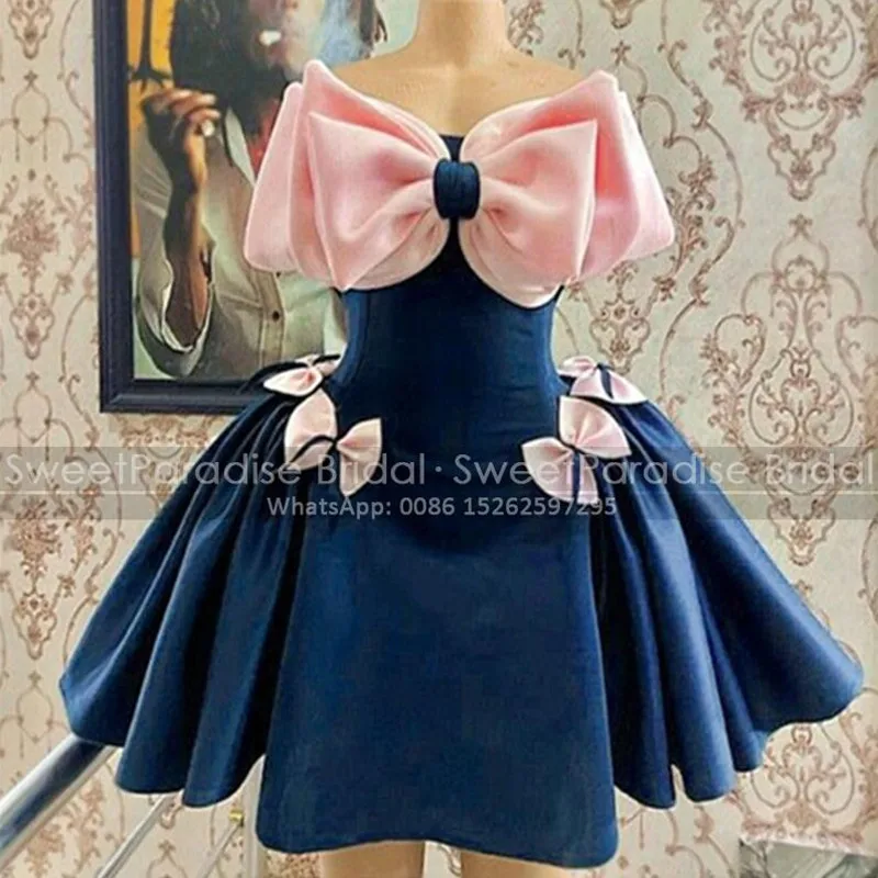 

Gorgeous Short Prom Dresses Puffy A Line Off Shoulder Bows Customized Mini Birthday Party Dress Formal